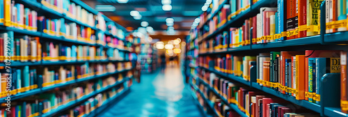 Educational Resources, Blurred View of Stacked Books in a Library, Symbol of Knowledge and Learning