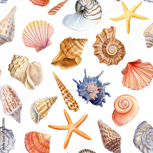 Seamless pattern with seashells, coral and starfish. Marine background. Watercolor illustration for wrapping , textile