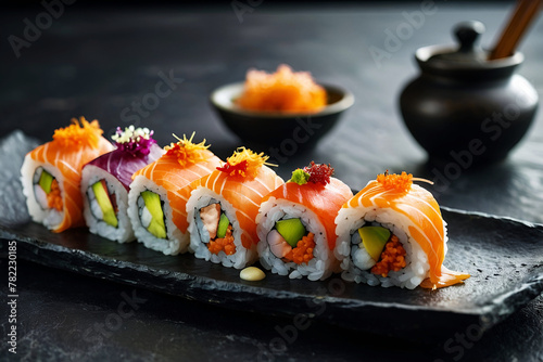 A spread of sushi and sashimi artfully presented on a slate with natural elements and garnishes, generated by Ai.