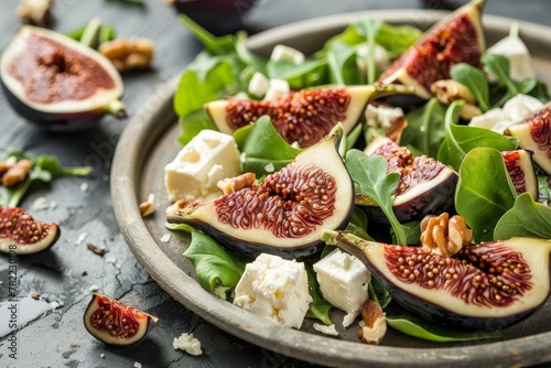 fig and cheese salad on gray background