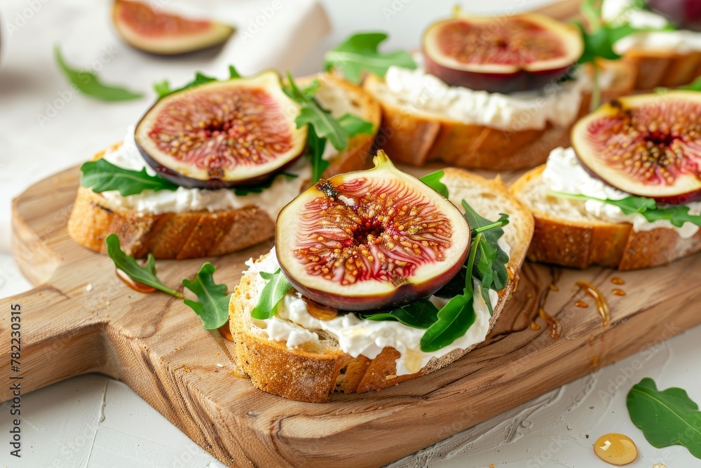 Fig cream cheese and honey on baguette with microgreens on wooden board Italian menu