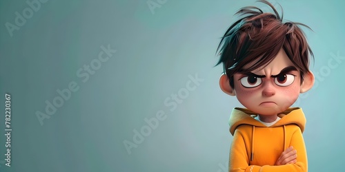 Animated Child Character Showing Facial Expression of Disgust and Expulsive Emotion with Empty Copy Space
