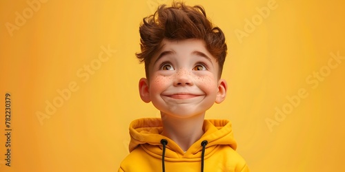 A cheerful and mischievous child character expressing amusement and satisfaction with a chuckle and vibrant energy in a digital with a bright orange photo