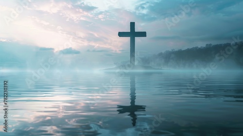 Solitary wooden cross partially submerged in tranquil water with ripples, surrounded by greenery, conveying a sense of peace, faith, and reflection.