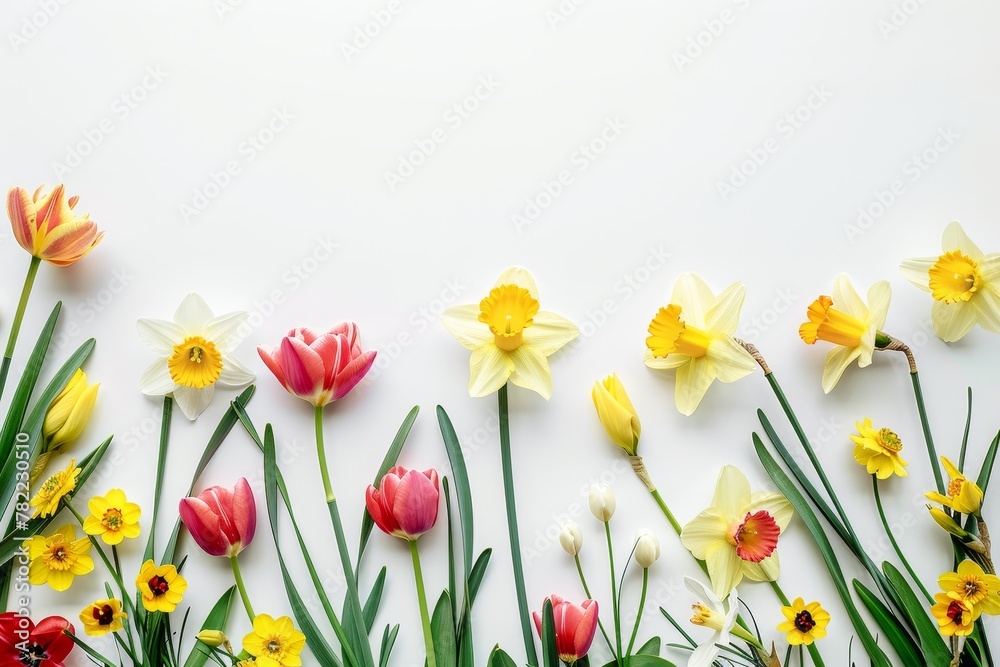 Flat lay top view of a floral composition featuring daffodil and tulip spring flowers isolated on a white background including beautiful yellow narcissus and red