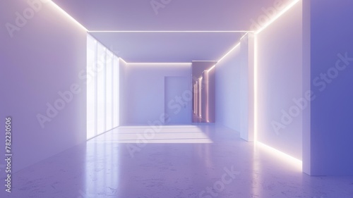 Minimalist interior with sleek lines and LED - This modern minimalist interior boasts sleek lines and bright LED strips, invoking a sense of futuristic living and clean, simple designs