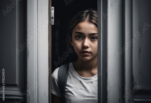 Scared young girl looks through an open door
