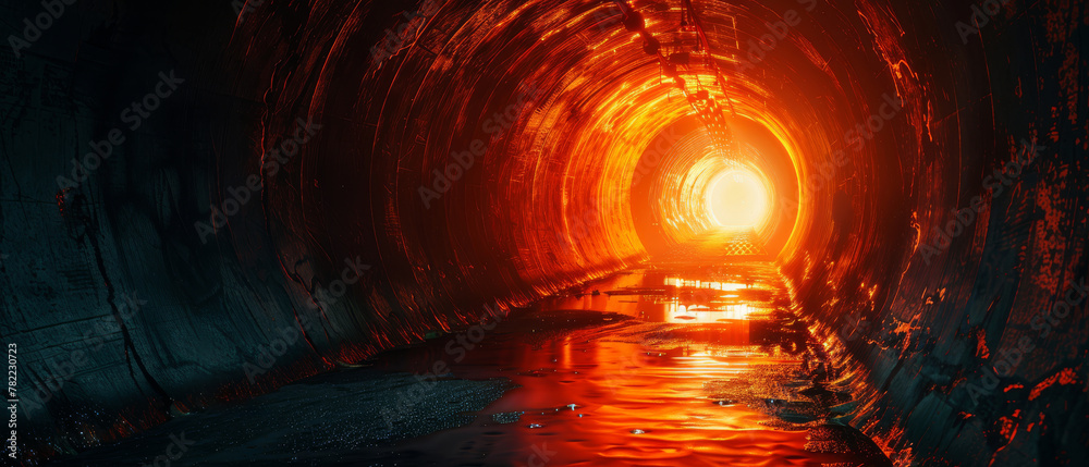 Fototapeta premium A tunnel with a bright orange light shining through it by AI generated image