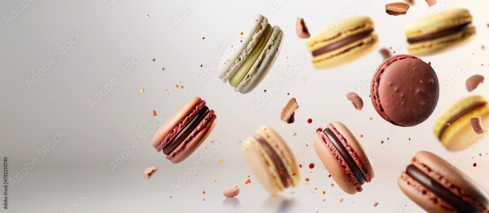 Colorful sweet macaroons on white in the air with copyspace for confectionery shops and goods Colorful sweet macaroons on white in the air with copyspace for confectionery shops and goods