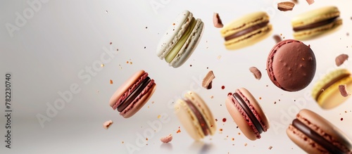 Colorful sweet macaroons on white in the air with copyspace for confectionery shops and goods photo