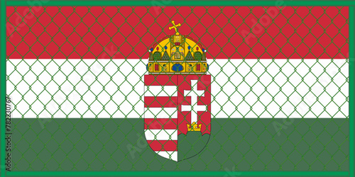 Vector illustration of the flag of Hungary under the lattice. The concept of isolationism. No war.
