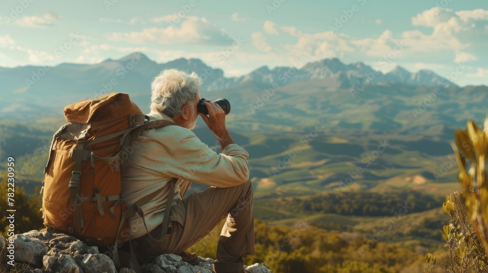 Aged explorer sitting and surveying a vast mountainous region with binoculars