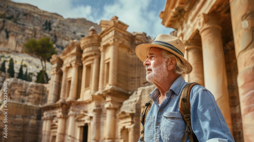 Elderly man in hat exploring the historic ruins of Petra with fascination.