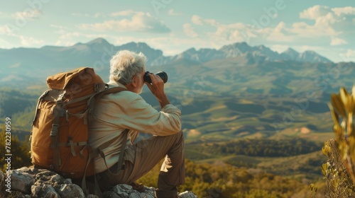 Aged explorer sitting and s...