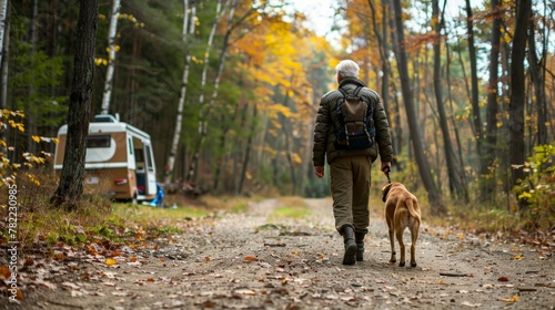 Mature man walking his dog ...