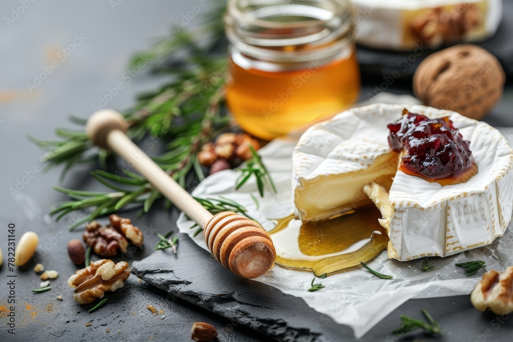 French brie with honey jam and nuts on slate board French brie with honey jam and nuts on slate board