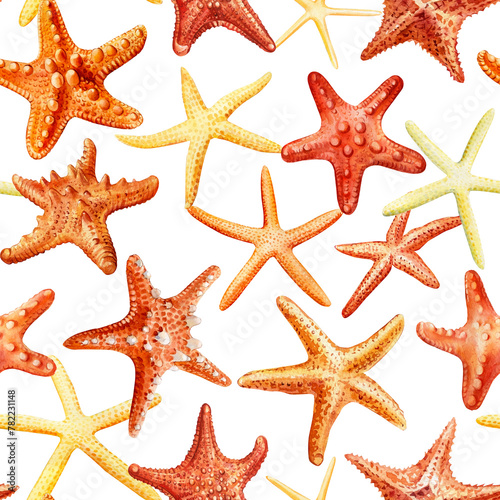Seamless pattern with starfish. Watercolor illustration for wrapping, textile. Colorful starfish Marine background. 