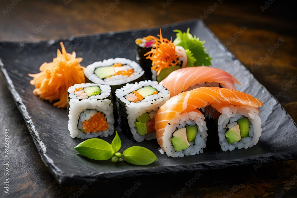 A spread of sushi and sashimi artfully presented on a slate with natural elements and garnishes, generated by Ai.