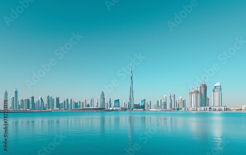 Dubais skyline is mirrored in the tranquil waters below