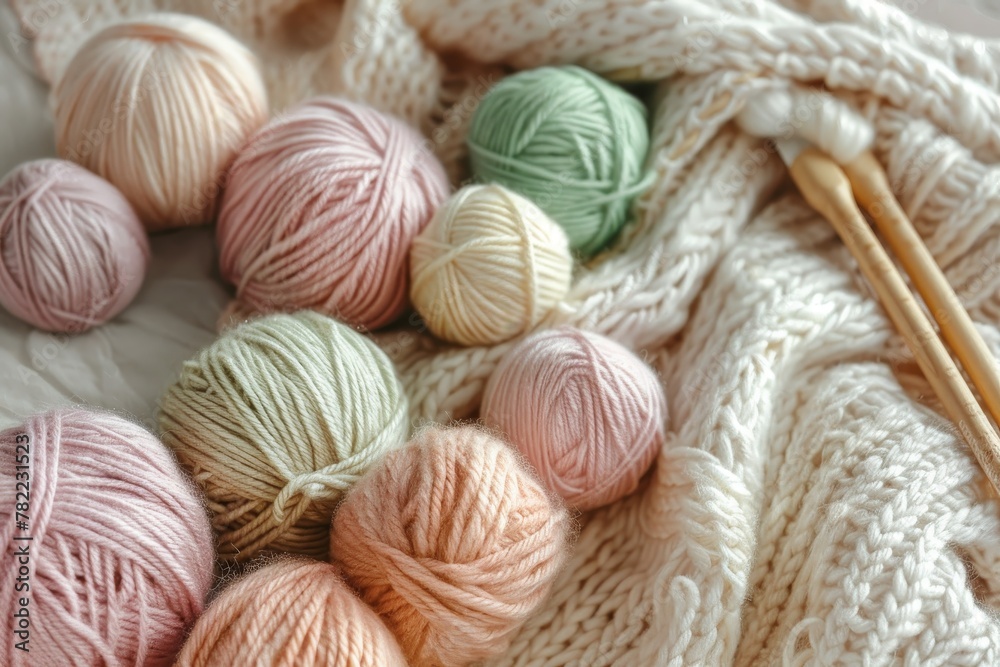 Knitting a cozy women s sweater with warm colored yarns in a homely atmosphere Knitting a cozy women s sweater with warm colored yarns in a homely atmosphere