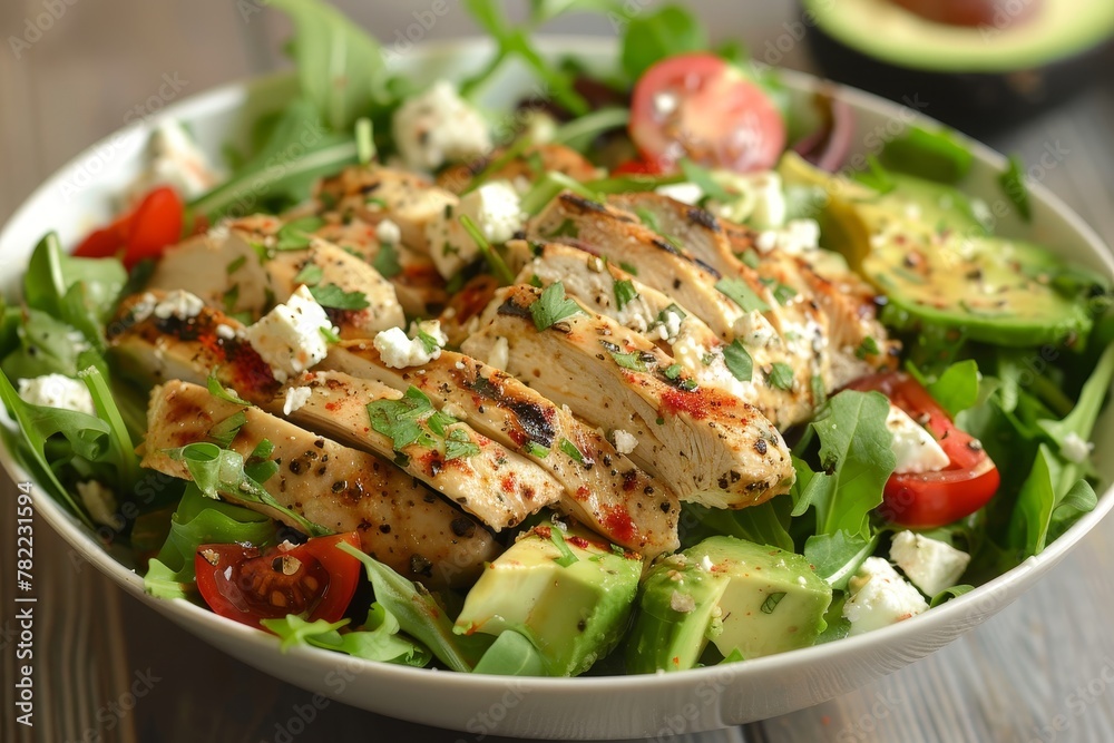 Large chicken salad bowl with feta and avocado Large chicken salad bowl with feta and avocado