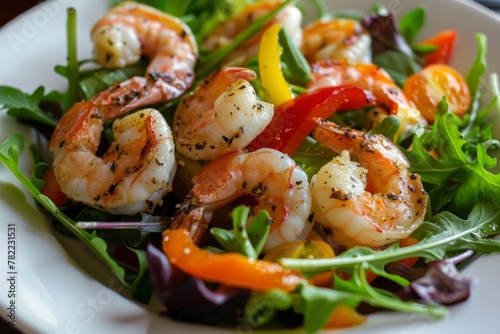 King prawn salad with mixed greens tomatoes and peppers