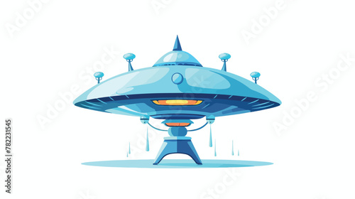 Alien spaceship with antenna. Blue spacecraft with