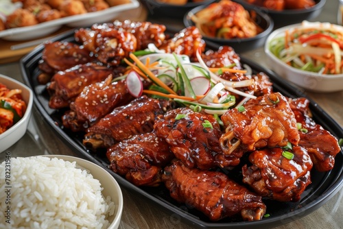 Korean chicken wings in galbi sauce with pickled radish kimchi and rice sides photo