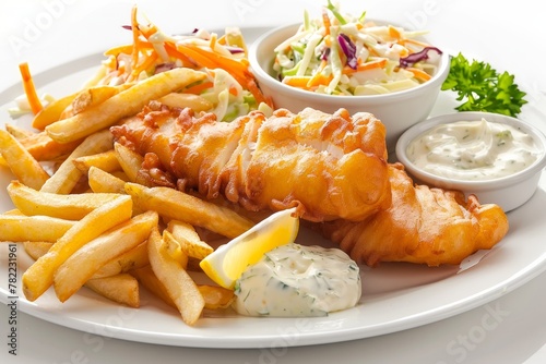 Lone plate of fish and chips with tarter and coleslaw photo