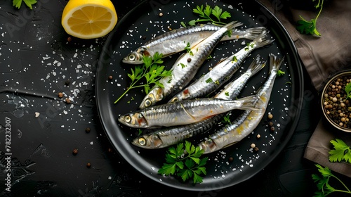 Fresh sardines on a dark plate with parsley and lemon. Overhead shot of seafood, perfect for culinary themes. Ideal for gourmet kitchen use. AI