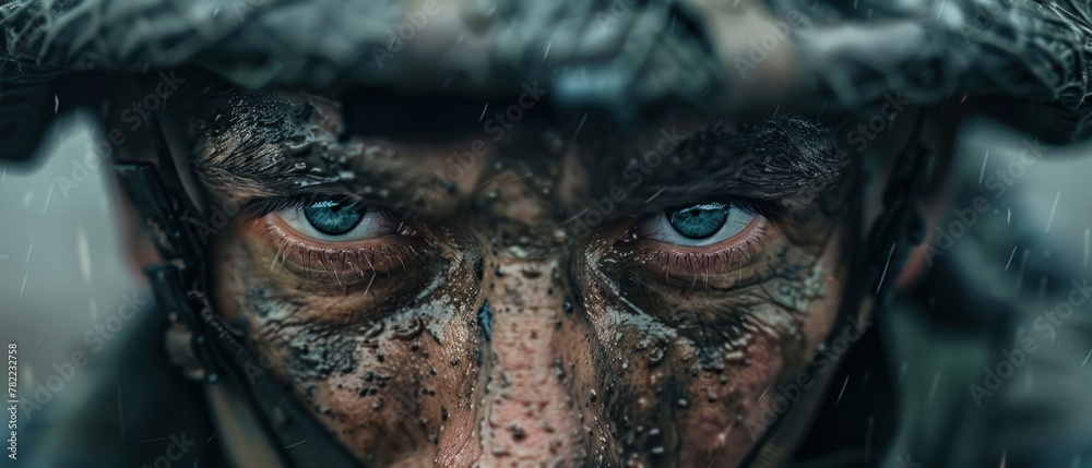 Capture the intricate details of a soldiers determined eyes in the midst of a surreal historic battle using high-definition drone photography with a touch of illusionary surrealism