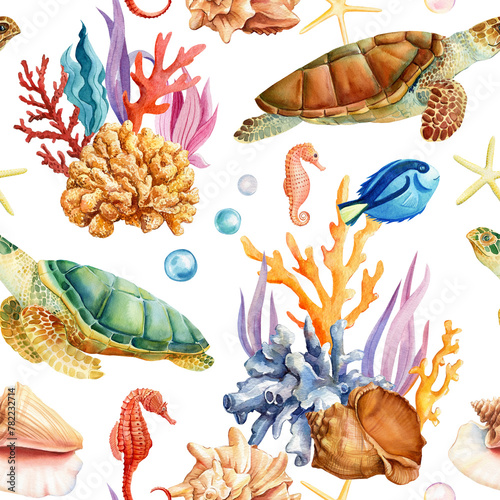 Trendy Hand drawn seashell turtle fish. Marine Seamless Pattern watercolor Design for fabric wallpaper. Tropical ocean