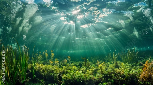 Underwater scene with sunbeams piercing through fresh water