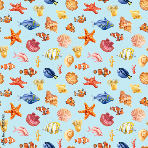 Seamless pattern with fish, seashells and starfish. Marine background. Watercolor illustration for wrapping, sea textile