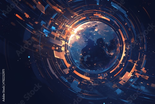 Abstract digital illustration of the Earth globe surrounded by abstract geometric shapes, representing global connectivity and technology