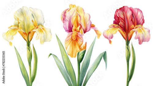 Iris flower set watercolor. Spring blossom flower hand drawn botanical illustration, delicate plant for poster, postcard