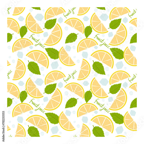Lemon seamless pattern with green leaves and lemon slices and ice pieces. Wrapping paper, textile, vector illustration