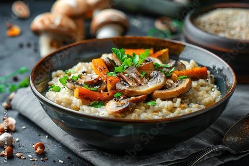 Mushroom barley porridge on dark background selective focus