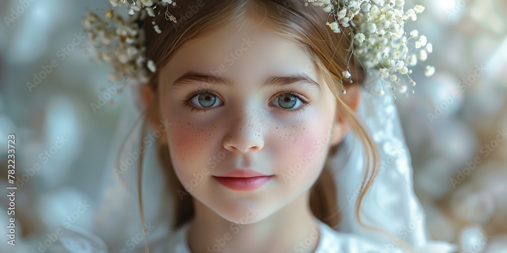 young girl on her first communion with wreath made of fresh white flowers young girl on her first communion with wreath made of fresh white flowers