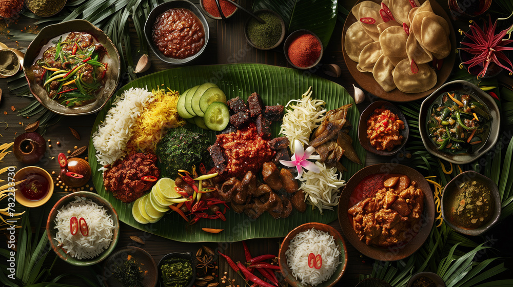 A photo of A traditional Indonesian rijsttafel spread, featuring a colorful array of dishes such as rendang, sate, nasi goreng, and sambal. A photo of A traditional Indonesian rijsttafel spread, featuring a colorful array of dishes such as rendang, sate, nasi goreng, and sambal.