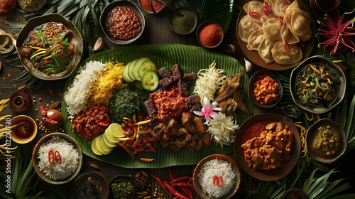 A photo of A traditional Indonesian rijsttafel spread  featuring a colorful array of dishes such as rendang  sate  nasi goreng  and sambal.