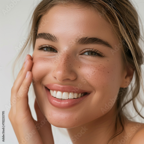 A smiling model, showcasing natural makeup, gently touches her glowing
