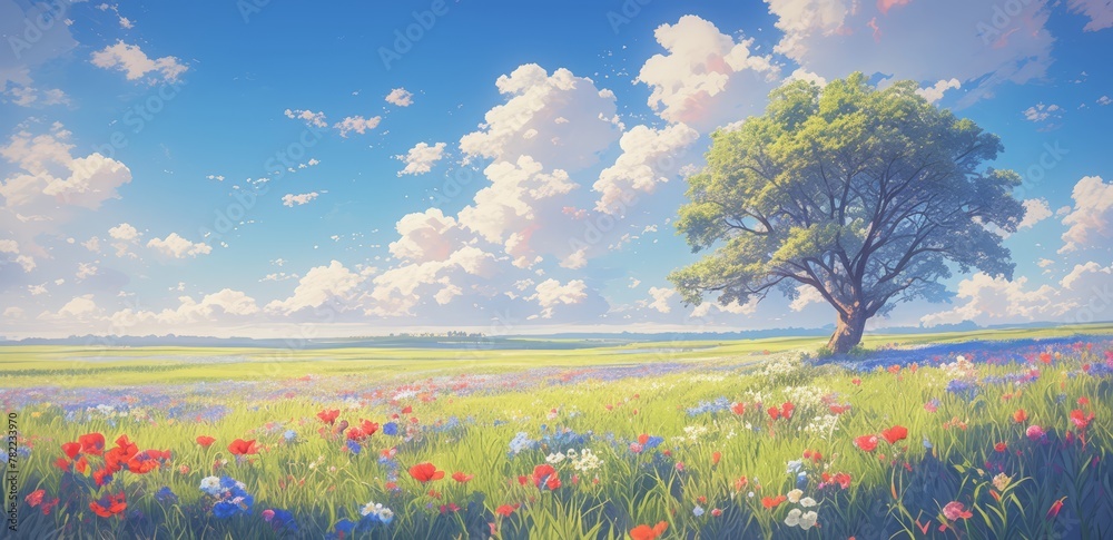 A vibrant meadow filled with colorful wildflowers, including red poppies and white daisies under the clear blue sky. The grass is lush green in color, creating an enchanting scene of nature's beauty.