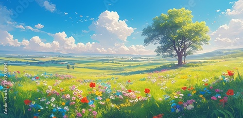 A vibrant meadow filled with colorful wildflowers, including red poppies and white daisies under the clear blue sky. 