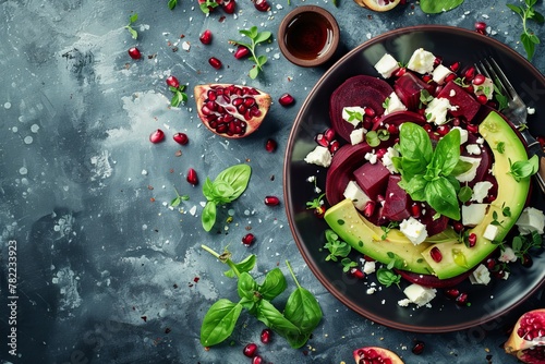 Nourishing salad with beetroot pomegranate feta avocado Top view copy space