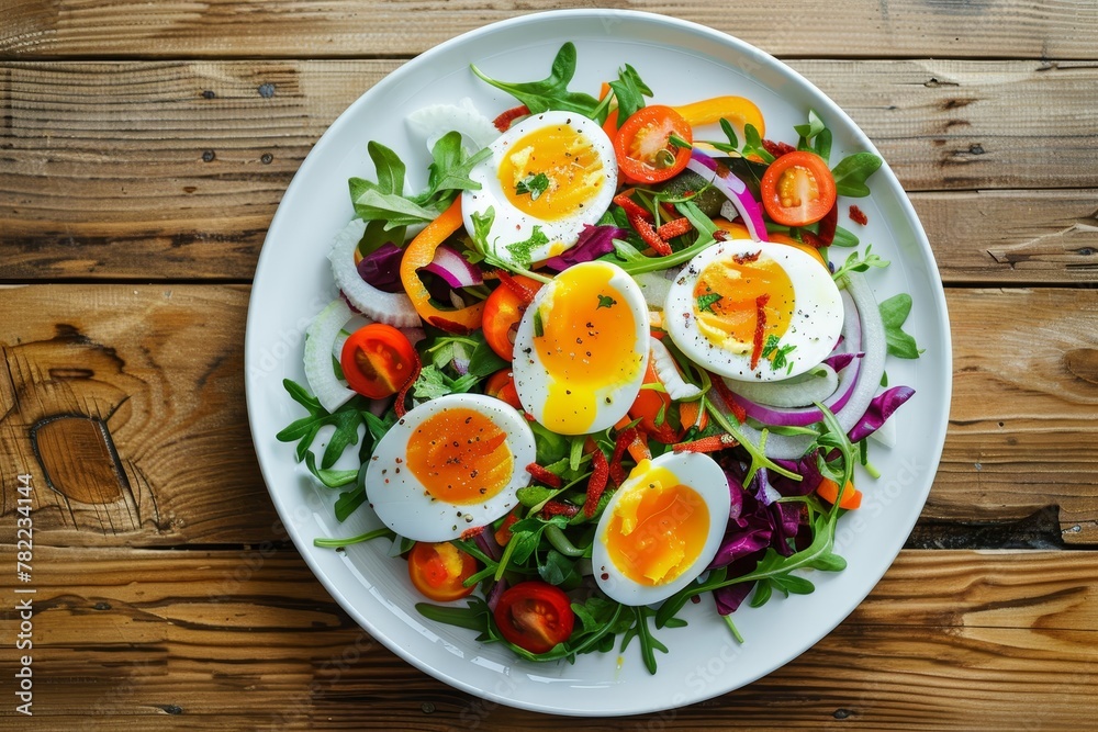 Overhead shot of healthy salad with egg slices on white plate on wooden table