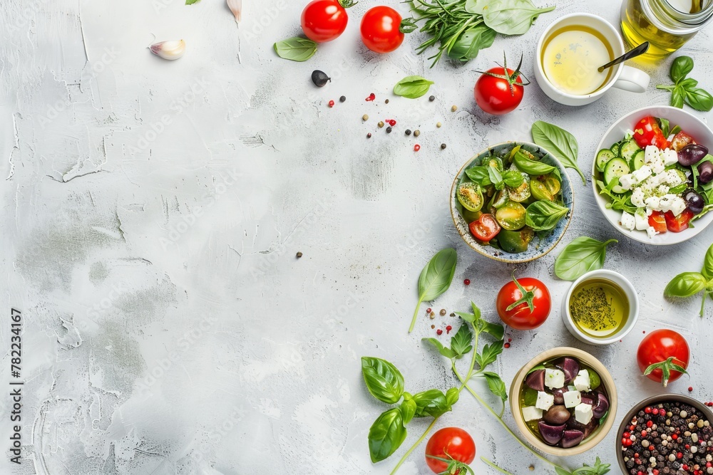 Overhead view of classic Olivier salad on bright background room for writing Overhead view of classic Olivier salad on bright background room for writing