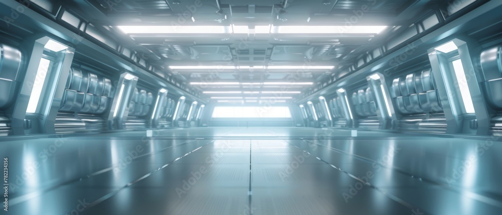 Sci Fi Tunnel on the Alien Spaceship. Glowing Metal Corridor with Cinematic Neon and Fluorescent Lights - shallow detail focus. 3D Rendering Futuristic Construction Space for Wallpaper and Background. Sci Fi Tunnel on the Alien Spaceship. Glowing Metal Corridor with Cinematic Neon and Fluorescent Lights - shallow detail focus. 3D Rendering Futuristic Construction Space for Wallpaper and Background.