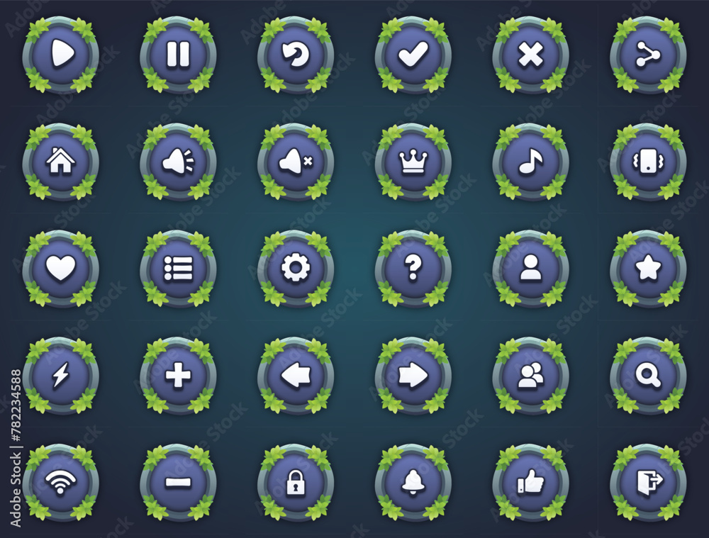 Attractive game buttons silver round stone buttons in unique leaves border designs in cartoon style Attractive game buttons silver round stone buttons in unique leaves border designs in cartoon style
