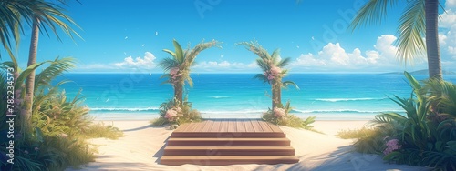 A wooden podium on the beach with waves and palm trees in front of it  creating an elegant summer background for product display or presentation. 